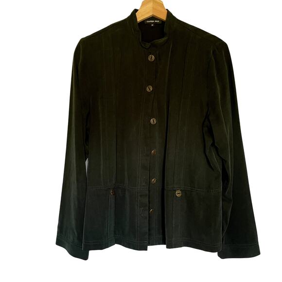Cynthia Max green velvety vintage button down blazer jacket pockets women's M - Picture 1 of 7